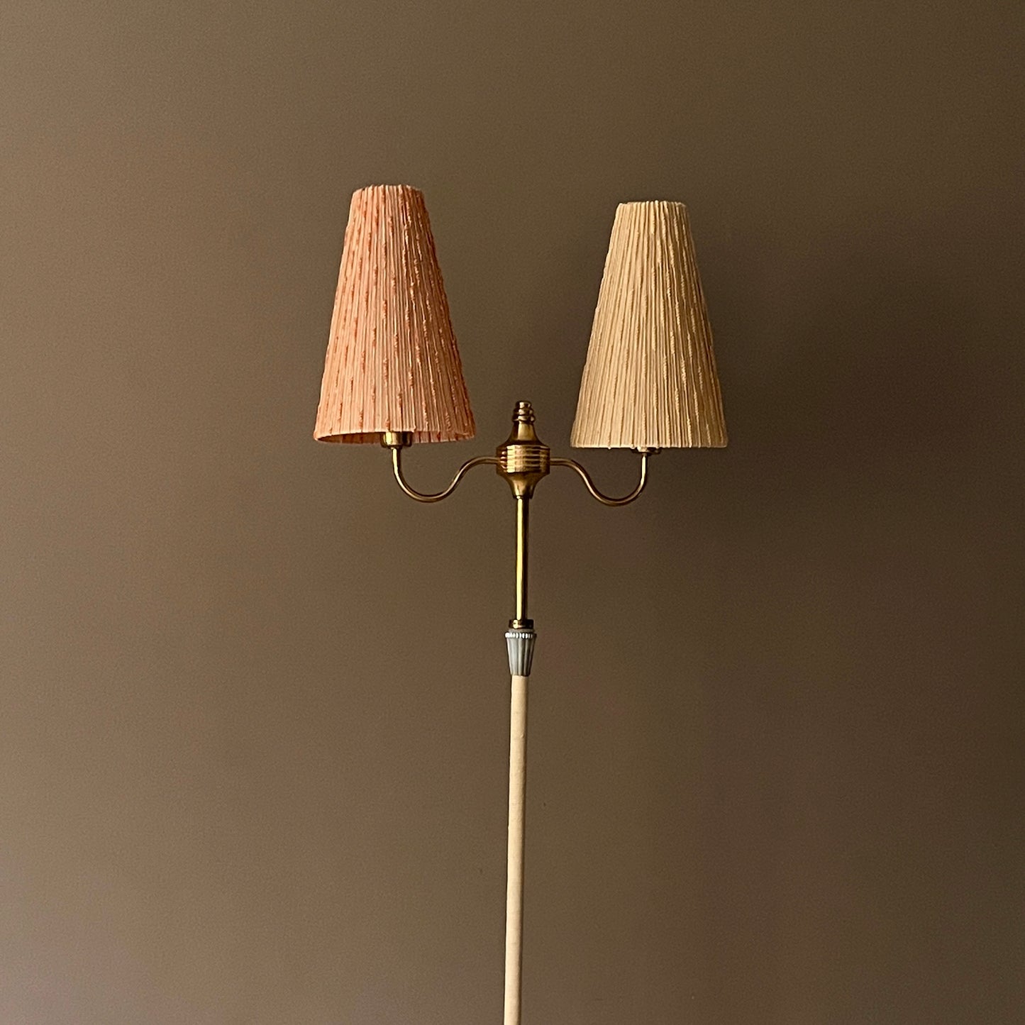 Swedish 1940s Cream Lacquered, Brass and Birch Burr Floor Lamp
