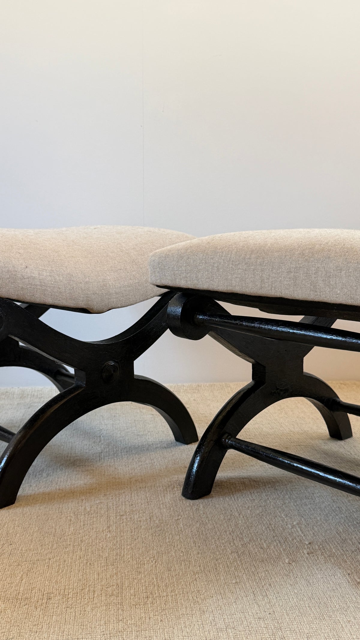 Pair of Mid-Century Ebonised Curule Footstools