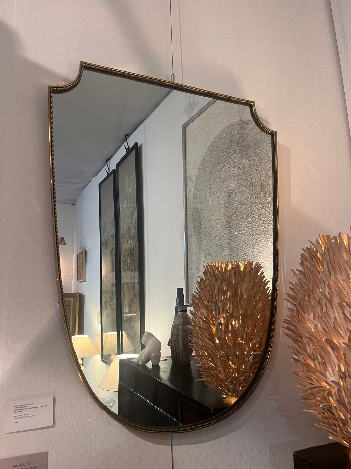 Large Mid-Century Italian Brass Shield Mirror.