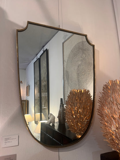 Large Mid-Century Italian Brass Shield Mirror.