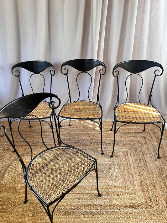 6 x Vintage French Iron and Rattan Chairs