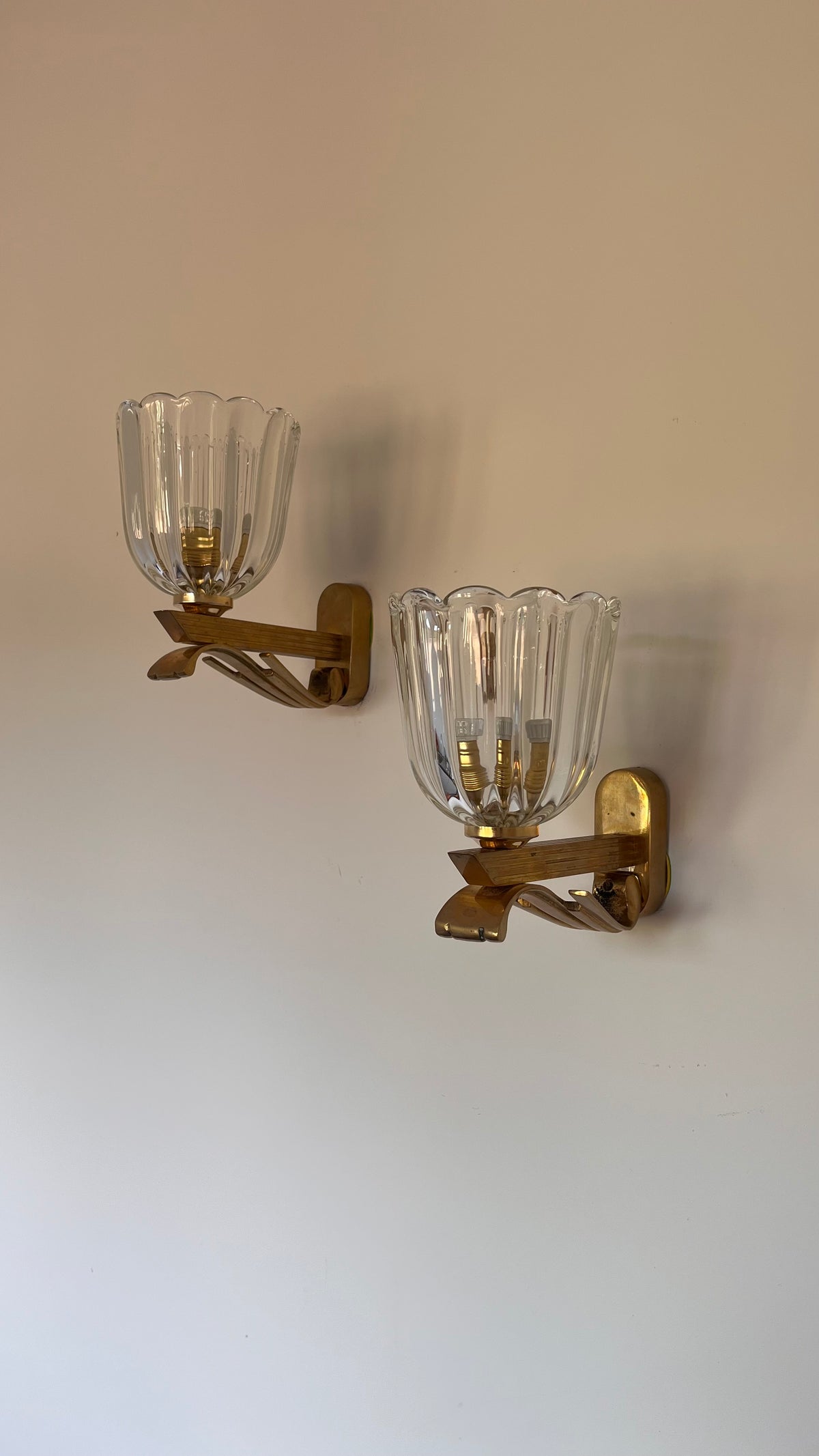 Pair of Murano Glass and Brass Wall Lights. Barovier & Toso. C. 1960