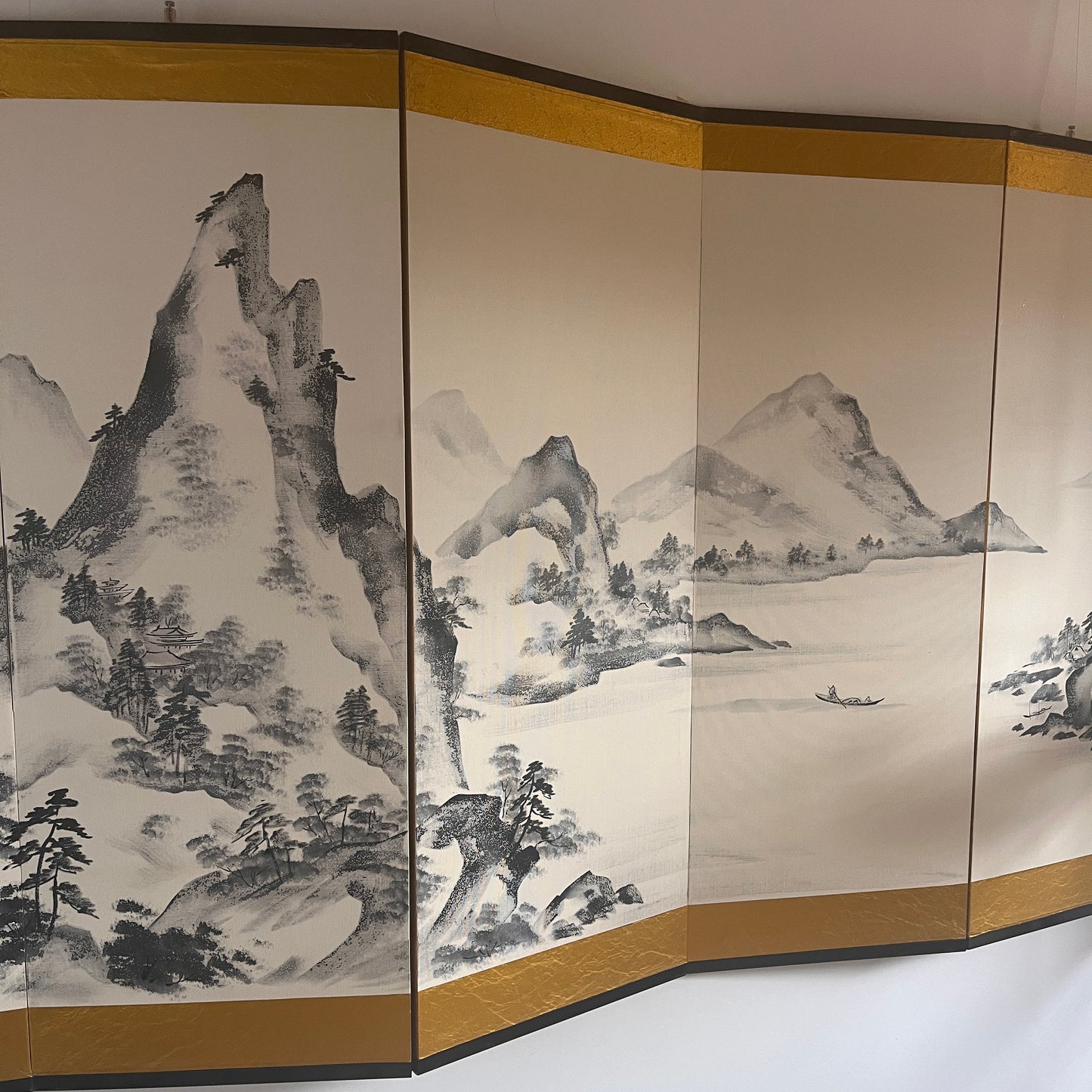 Decorative Japanese Six-Panel Folding Screen. Mountainous Scenes.