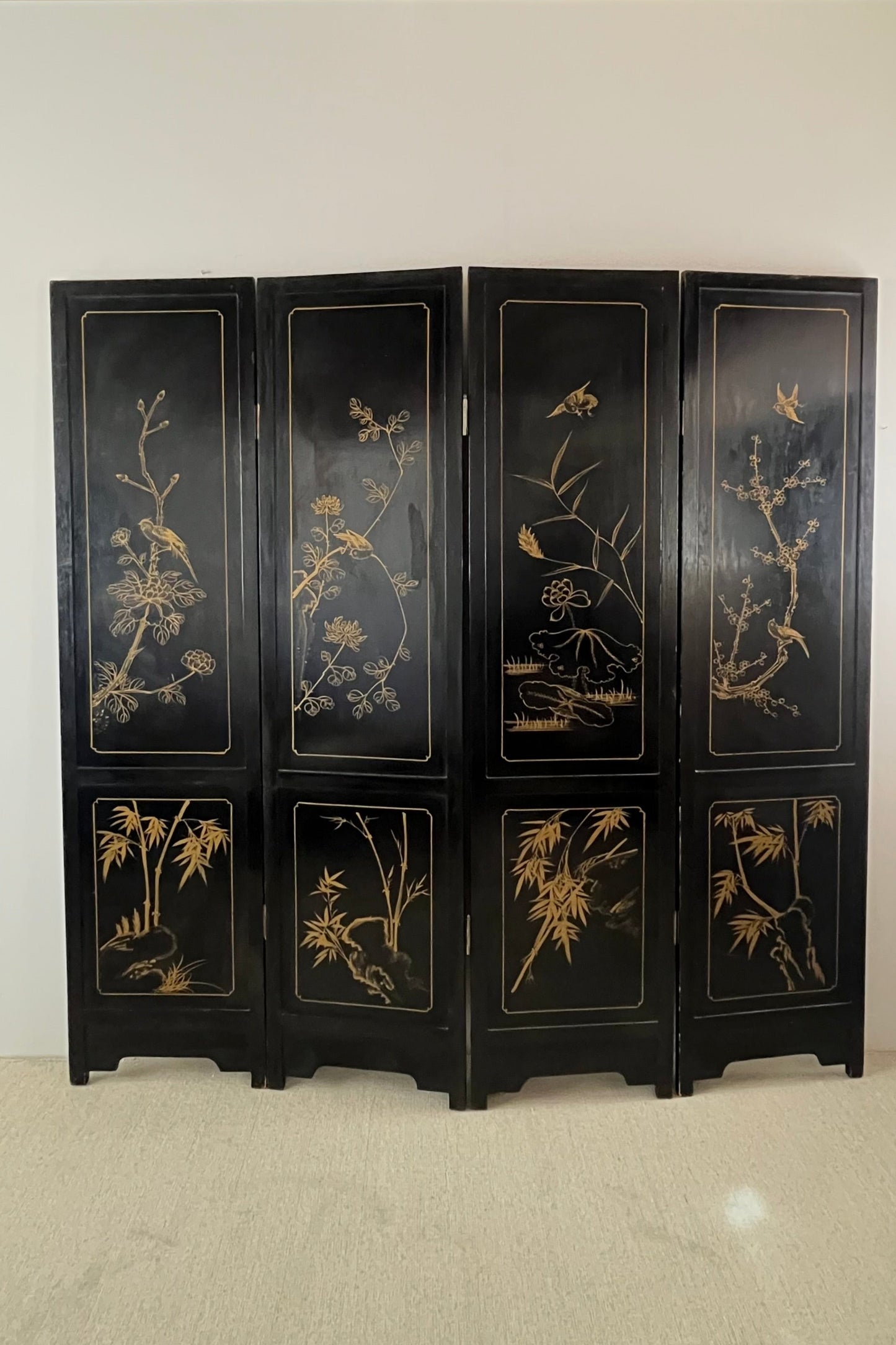 Mid-century Chinoiserie Lacquered Folding Screen