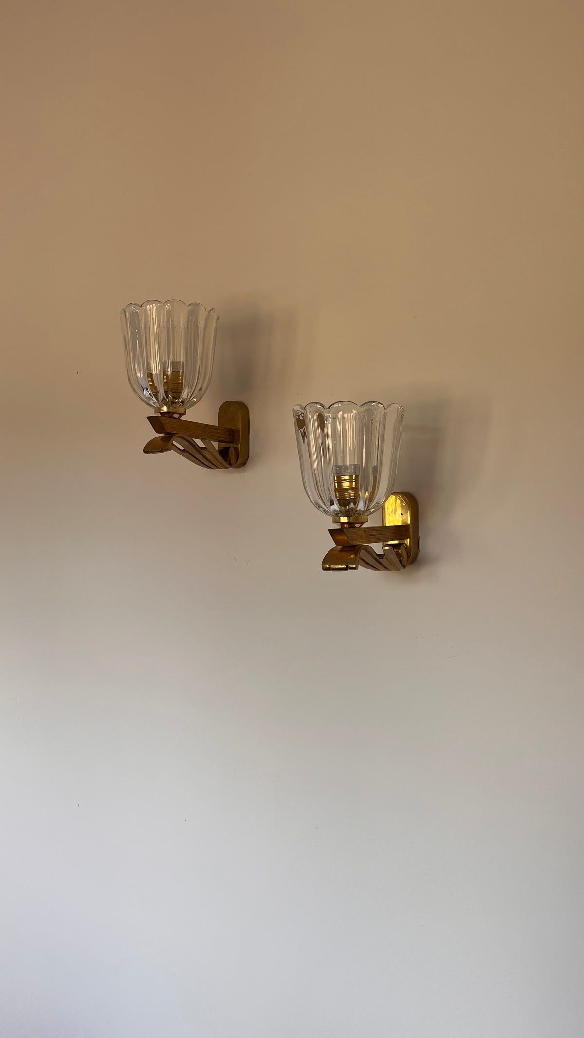 Pair of Murano Glass and Brass Wall Lights. Barovier & Toso. C. 1960