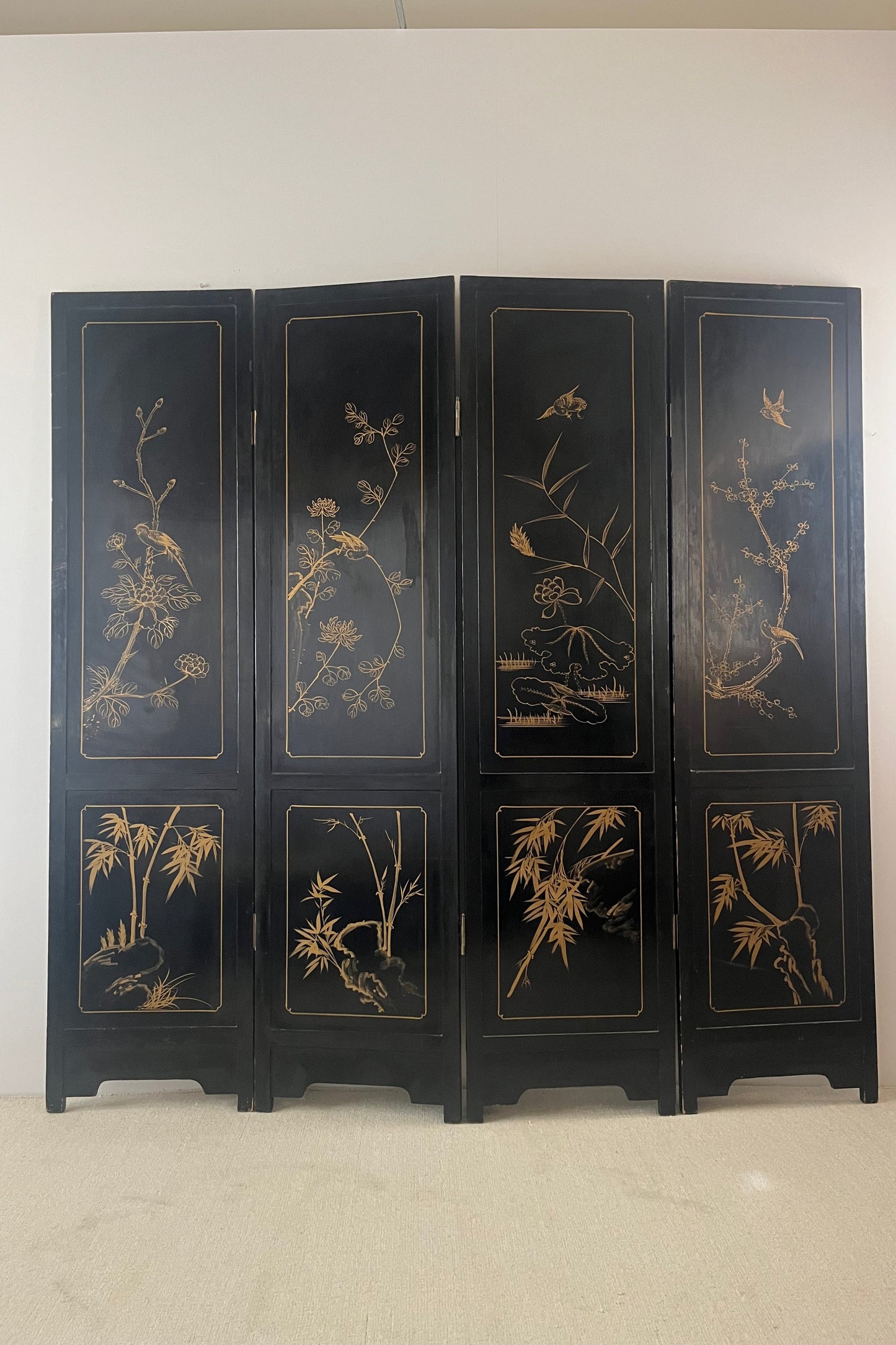 Mid-century Chinoiserie Lacquered Folding Screen