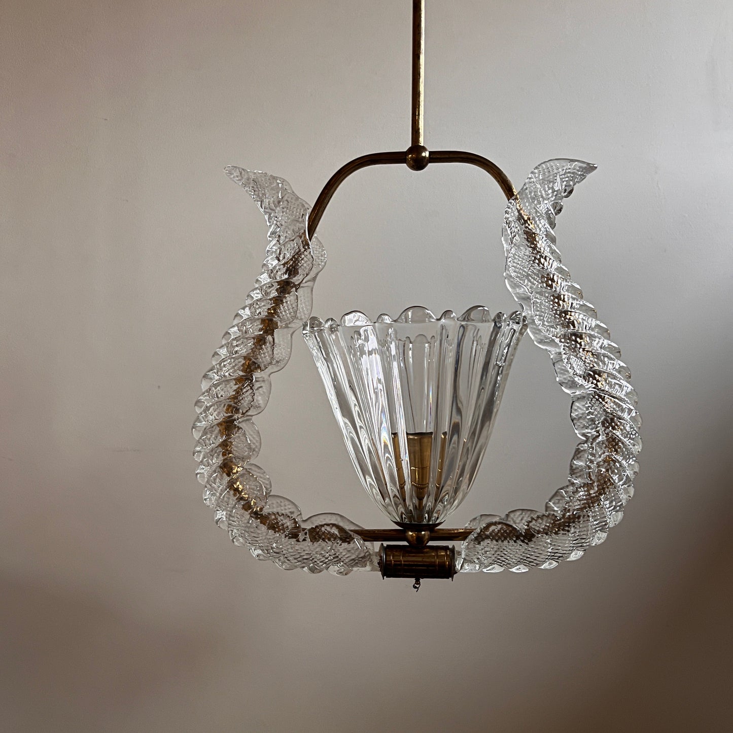 ON HOLD  1950s Murano Glass and Brass Pendant Light attributed to Barovier & Toso