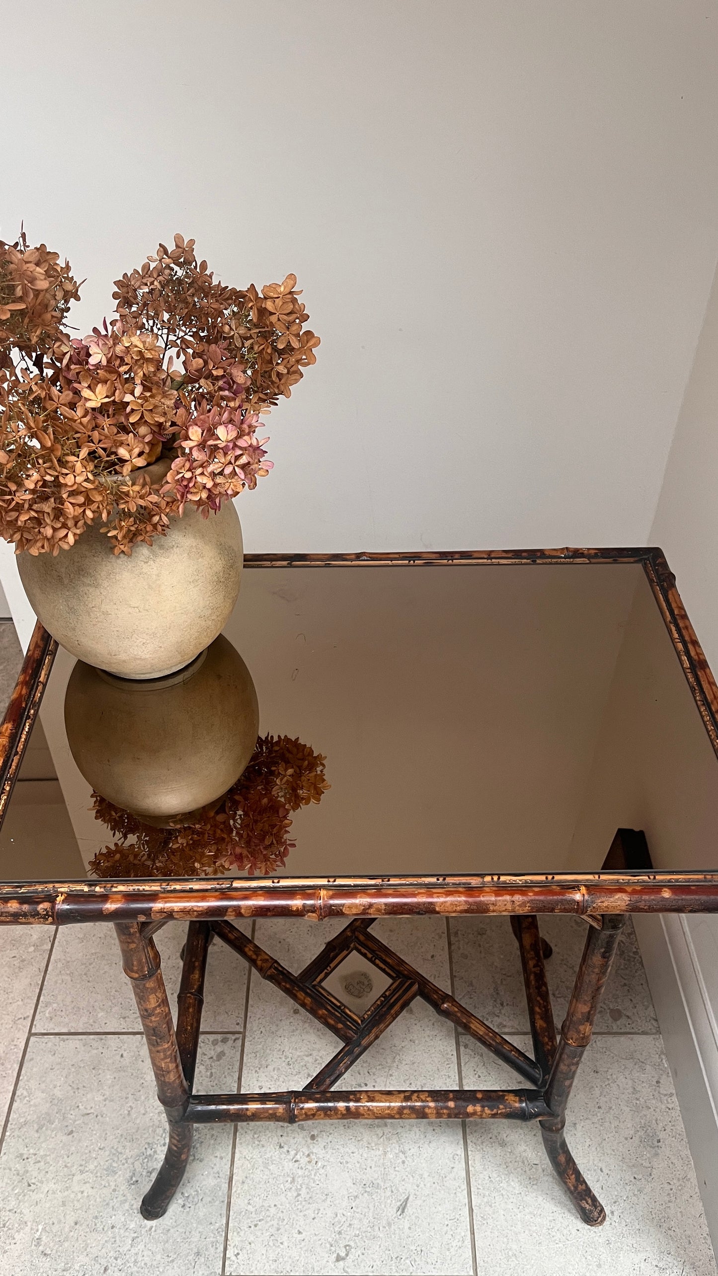 Tortoiseshell  Bamboo Two-Tier Side Table with Glass Top C.1900