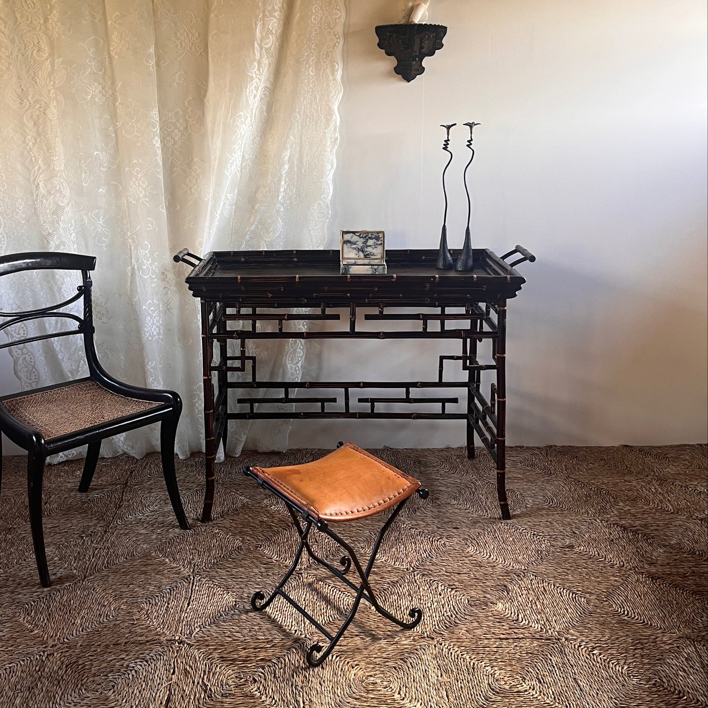 Vintage French Iron and Leather Stool