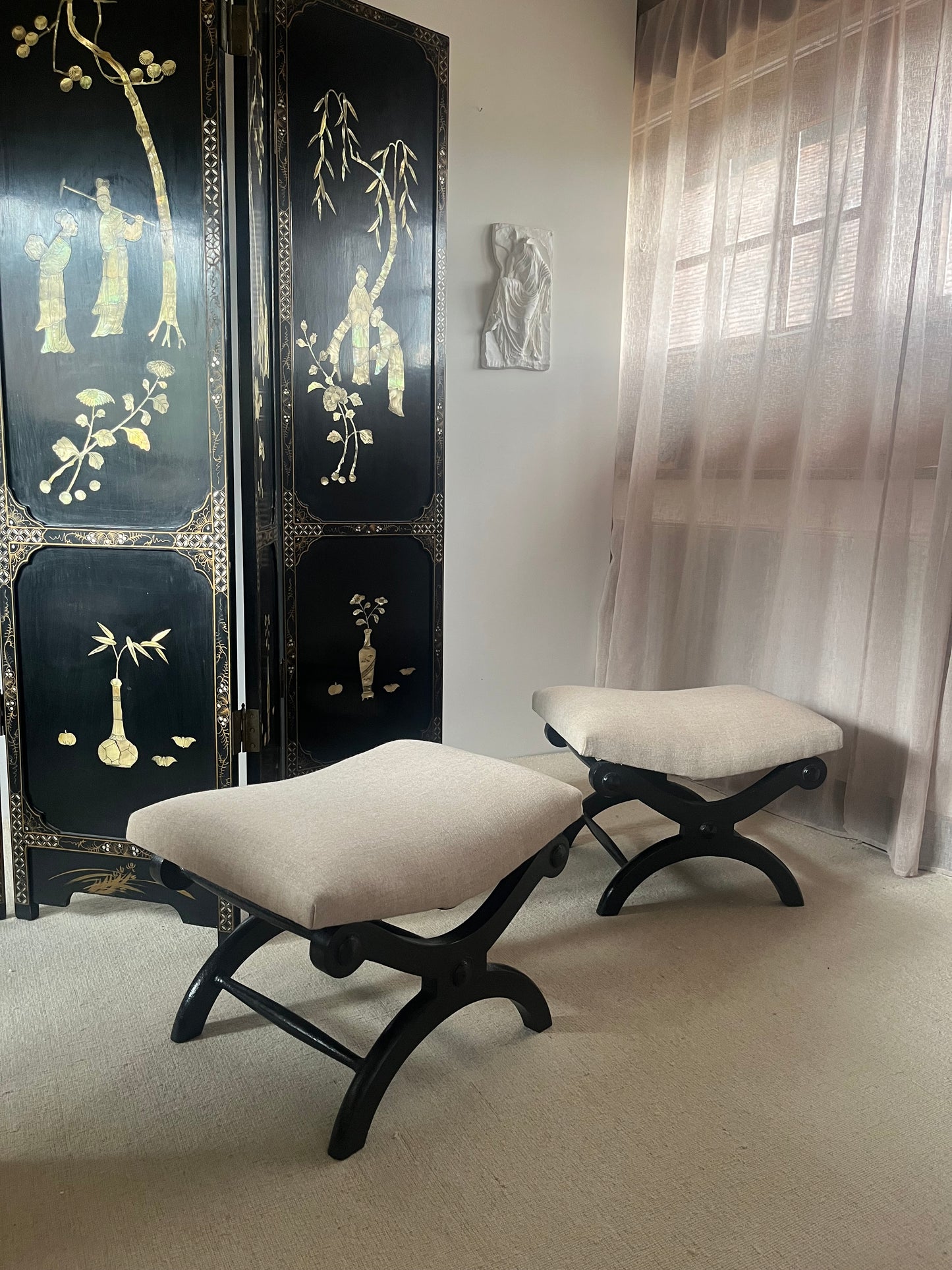 Pair of Mid-Century Ebonised Curule Footstools