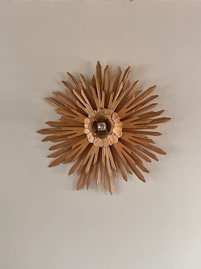 Large Carved Sunburst Wall/Ceiling Lights (Pair). C 1970