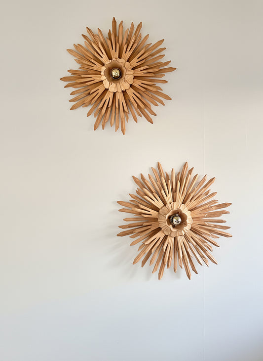 Large Carved Sunburst Wall/Ceiling Lights (Pair). C 1970