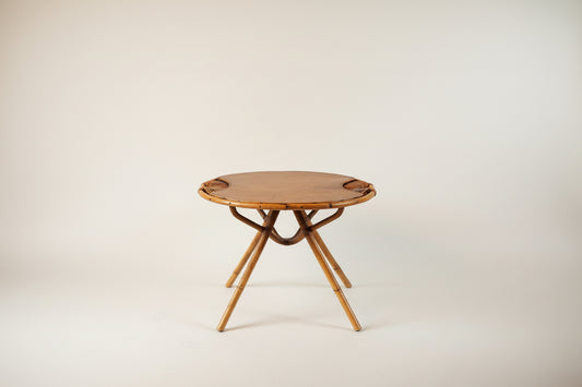 brown bamboo table on a neutral background