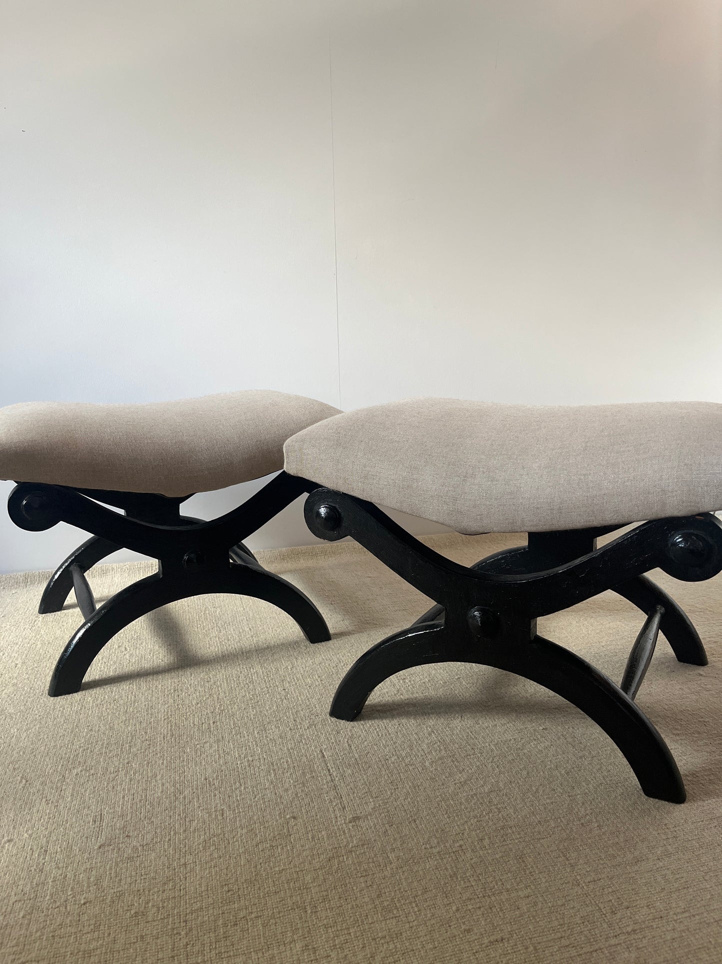 Pair of Mid-Century Ebonised Curule Footstools