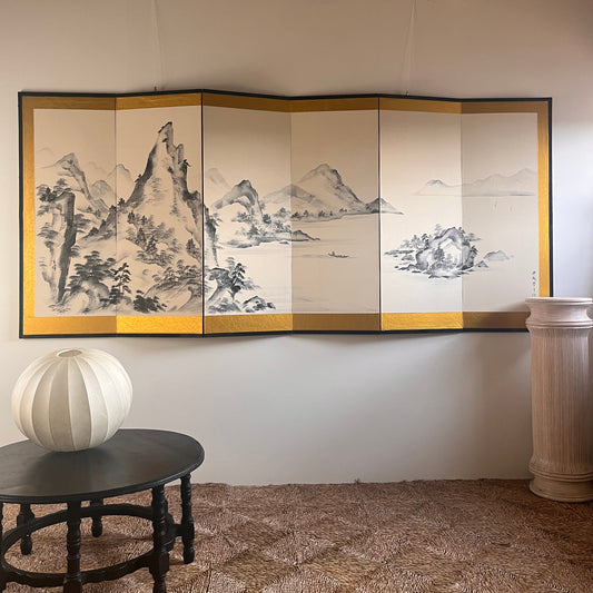 Decorative Japanese Six-Panel Folding Screen. Mountainous Scenes.