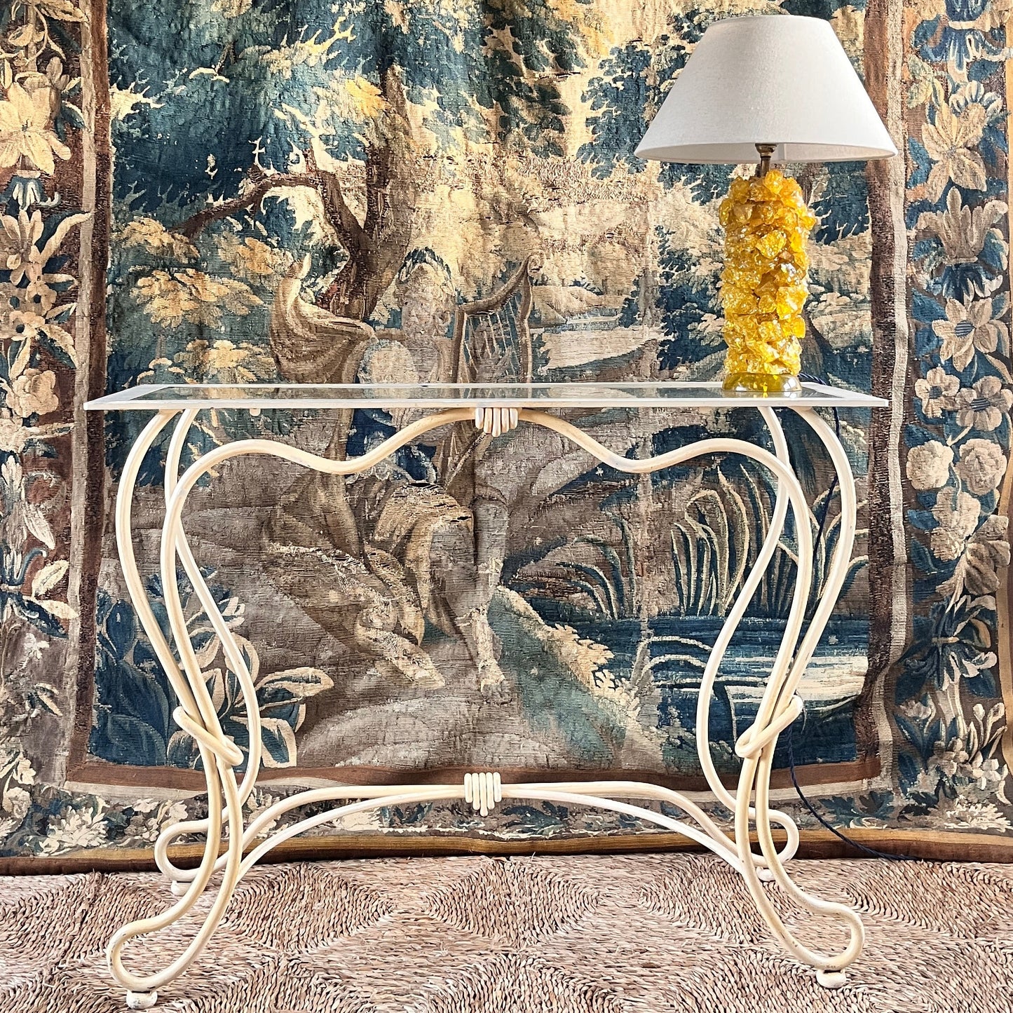 Bespoke French Wrought Iron Console Table with Glass Top