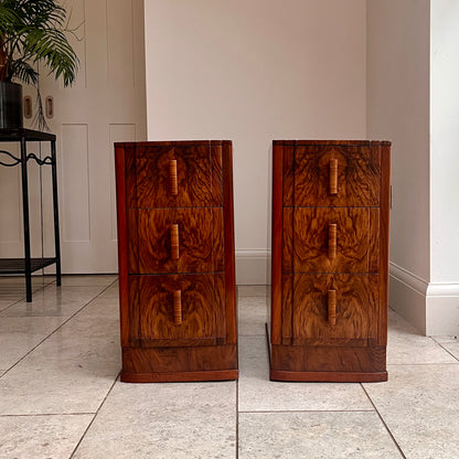 Pair of 1930s Art Deco Bedside Cabinets with Burr Walnut Drawer Fronts
