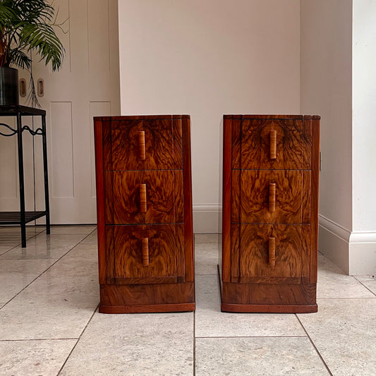 Pair of 1930s Art Deco Bedside Cabinets with Burr Walnut Drawer Fronts