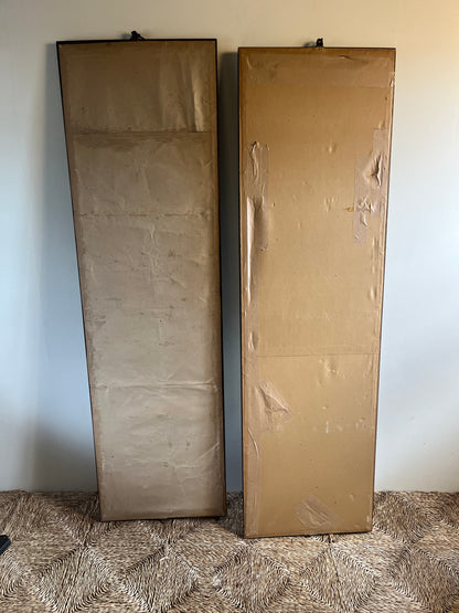 ON HOLD Pair of Early 20th Century Chinoiserie Silk Embroidered Linen Panels. Signed & Dated