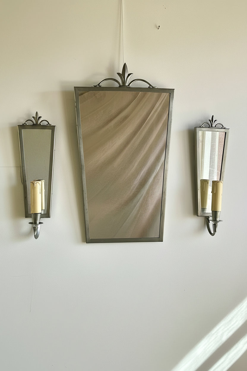 Swedish Grace Pewter Mirror & Sconce Set by Svenskt Tenn, 1931