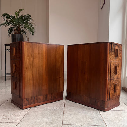 Pair of 1930s Art Deco Bedside Cabinets with Burr Walnut Drawer Fronts