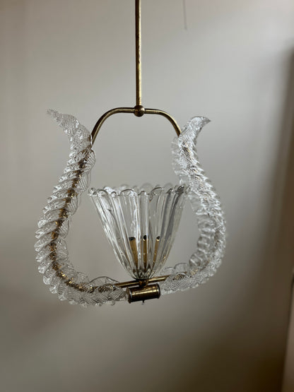 ON HOLD  1950s Murano Glass and Brass Pendant Light attributed to Barovier & Toso