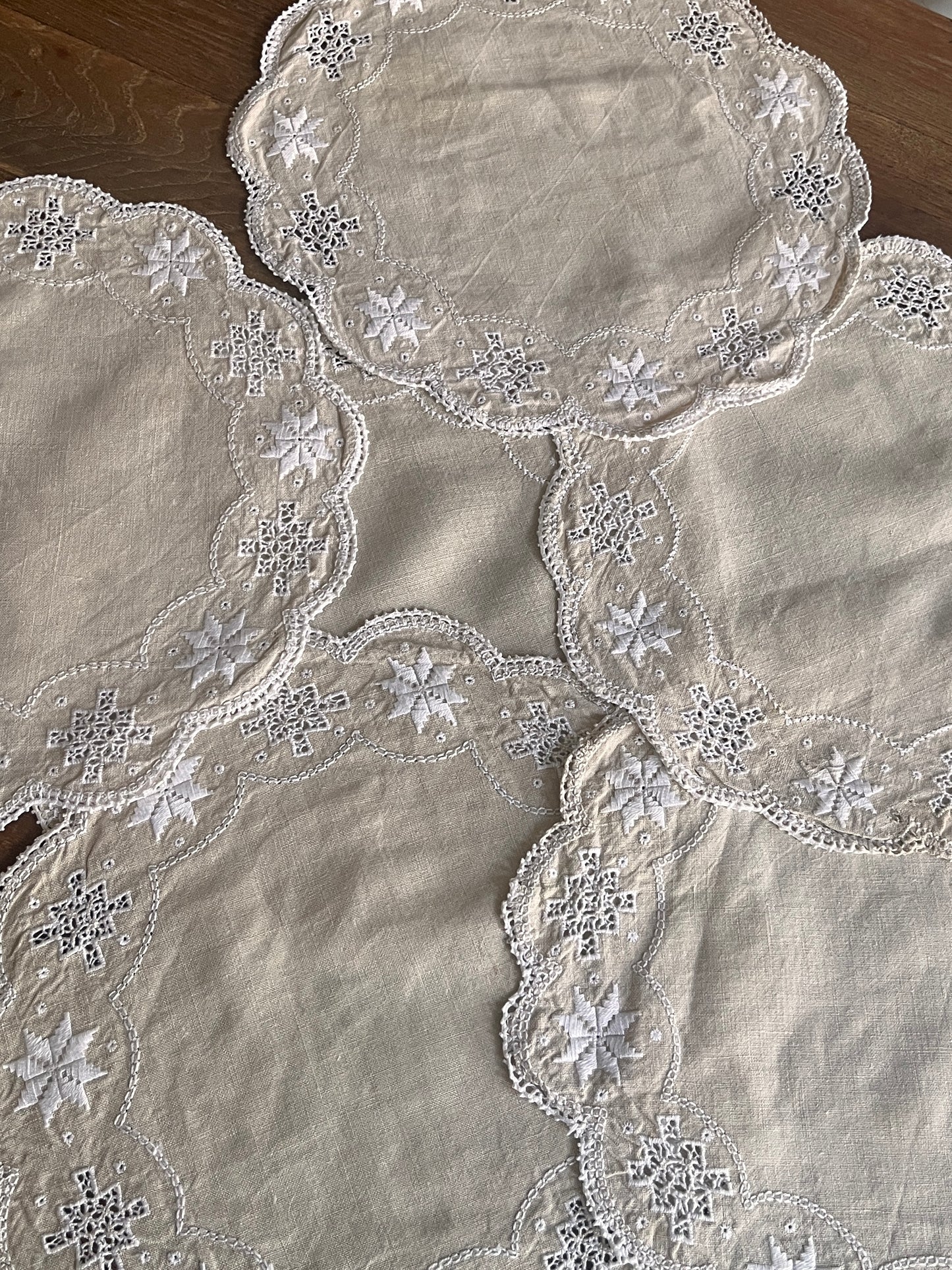 Vintage Linen Placemats with Embroidered Cut-Work Edging-Set of Six