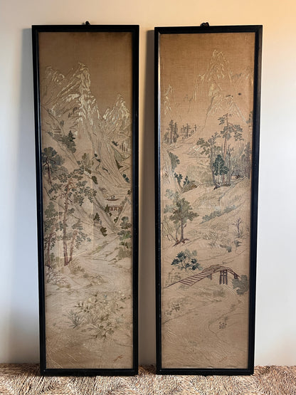 ON HOLD Pair of Early 20th Century Chinoiserie Silk Embroidered Linen Panels. Signed & Dated
