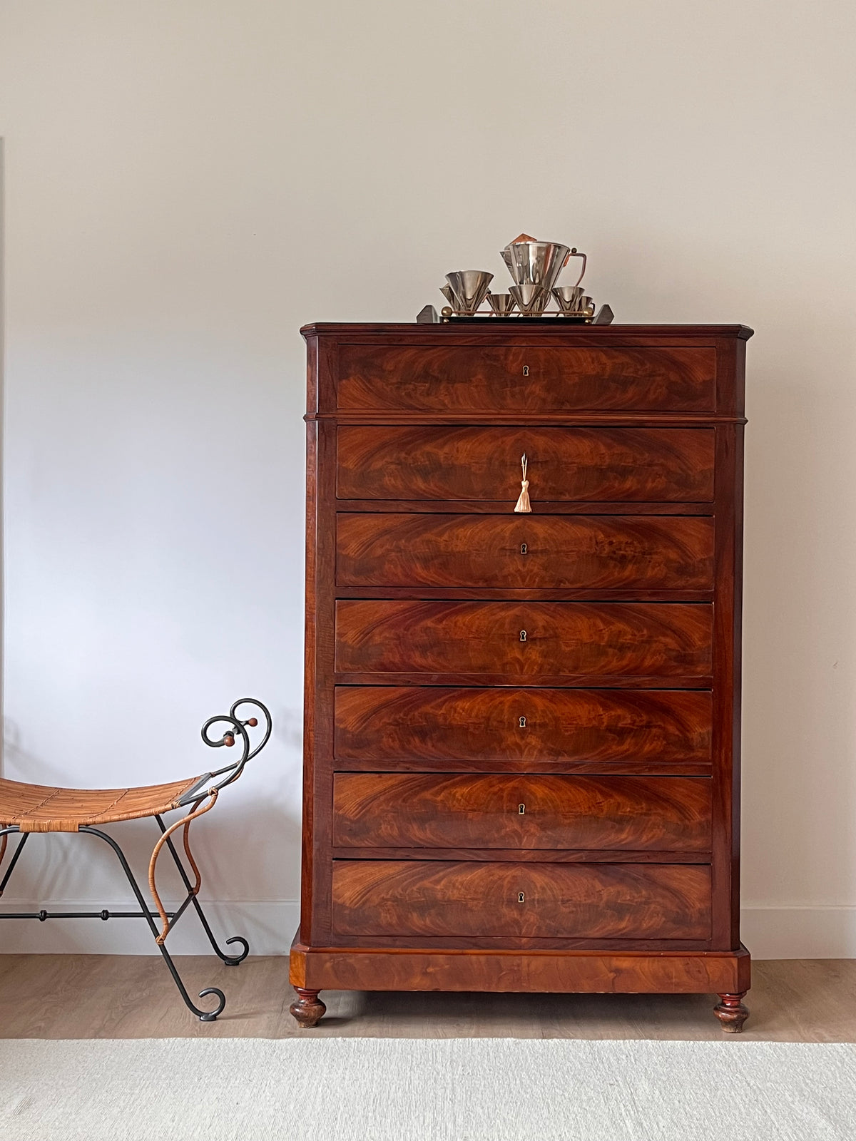 Biedermeier Flame Mahogany Tall Chest of Drawers