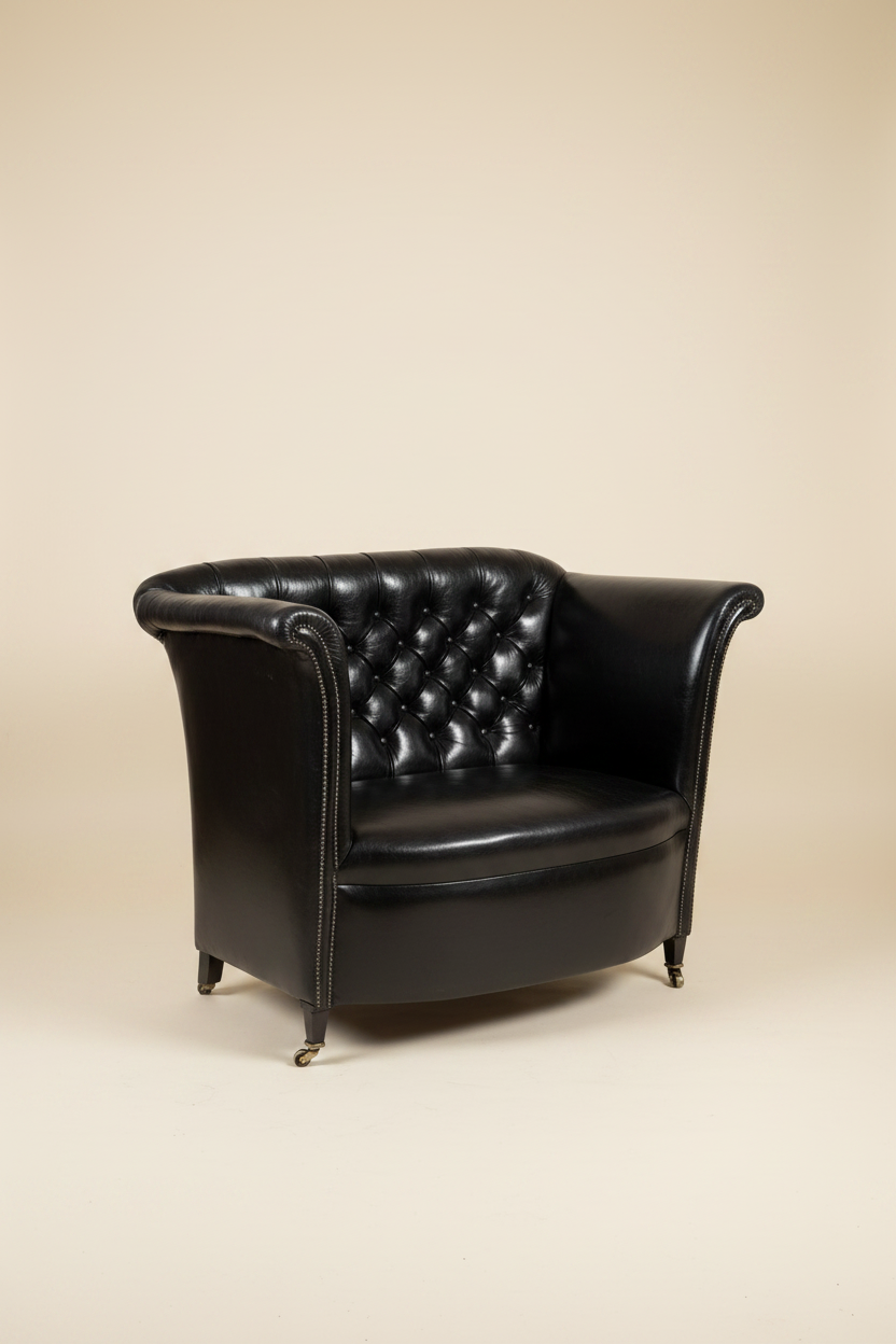 English Button-Back Leather Sofa, c.1920
