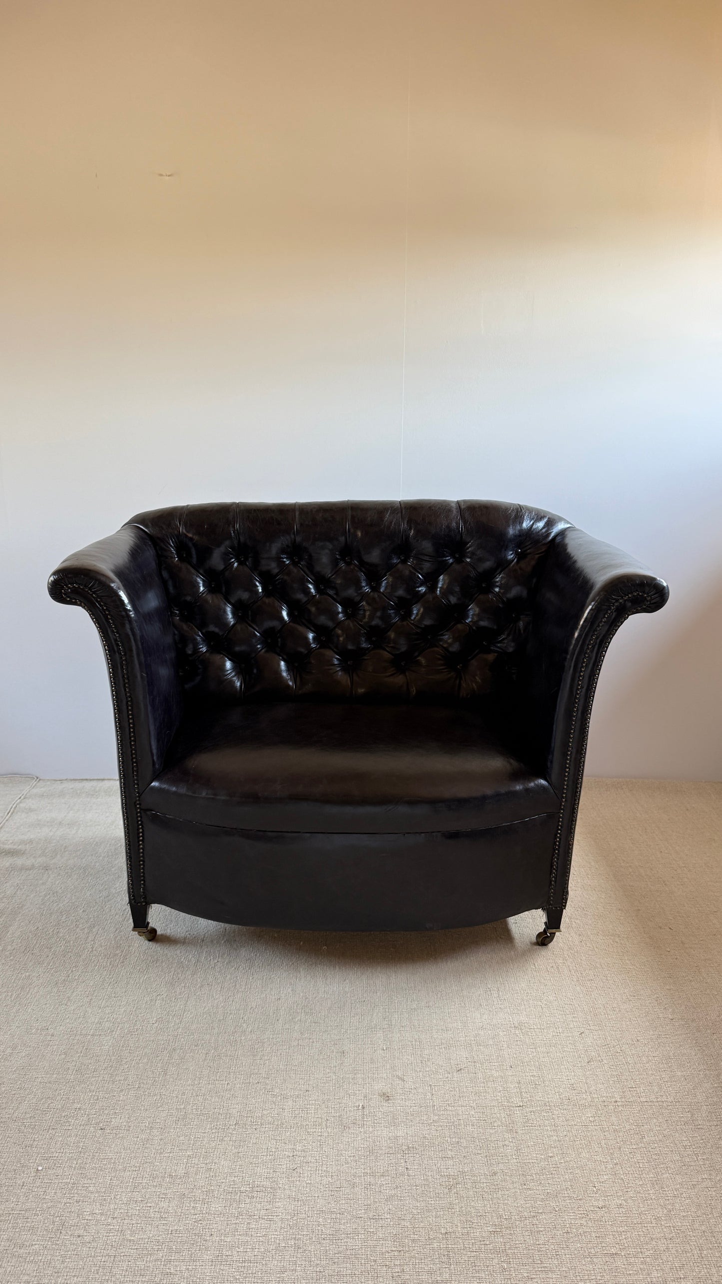 English Button-Back Leather Sofa, c.1920