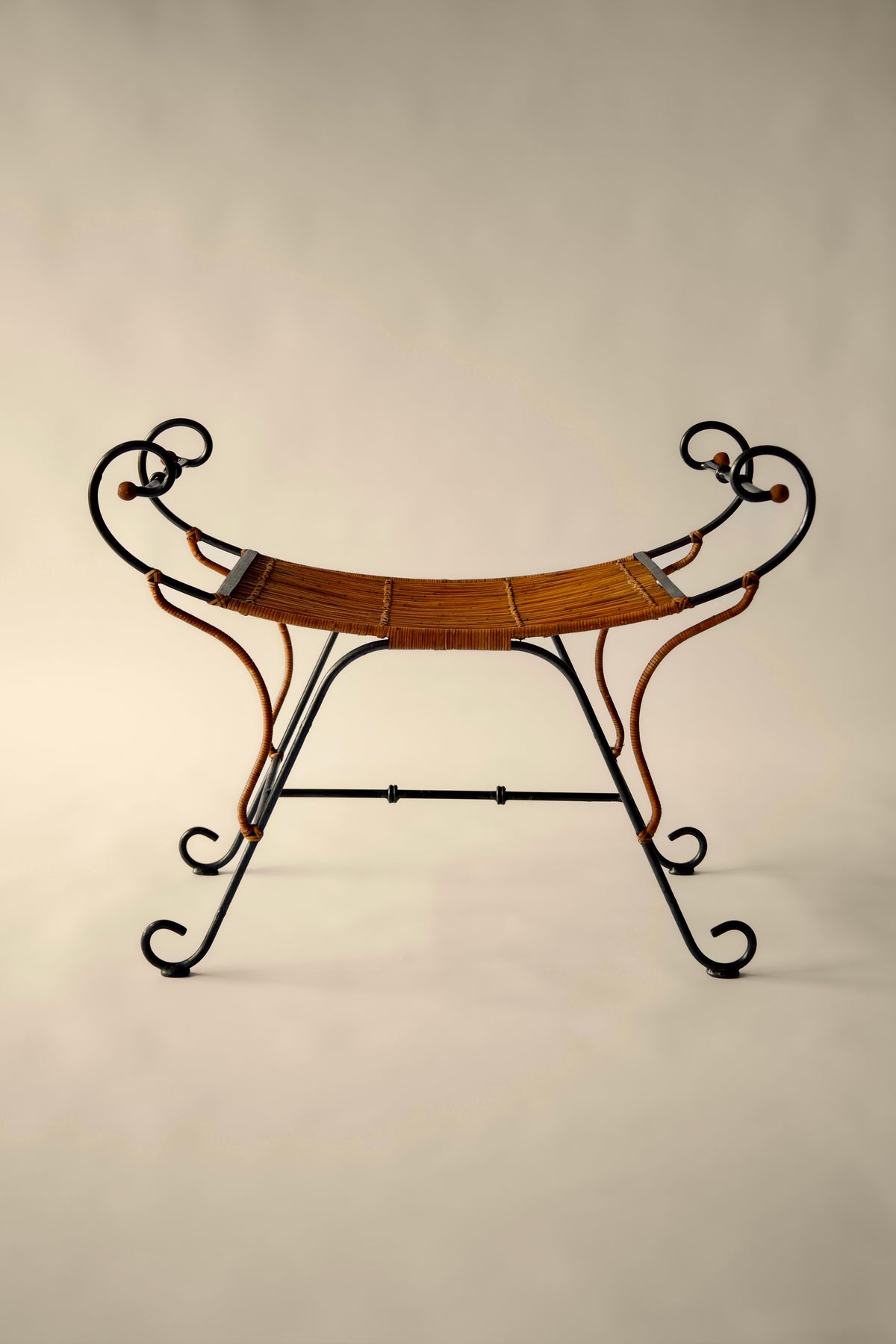 Large Italian Curule Stool in Lacquered Metal and Rattan, c.1970