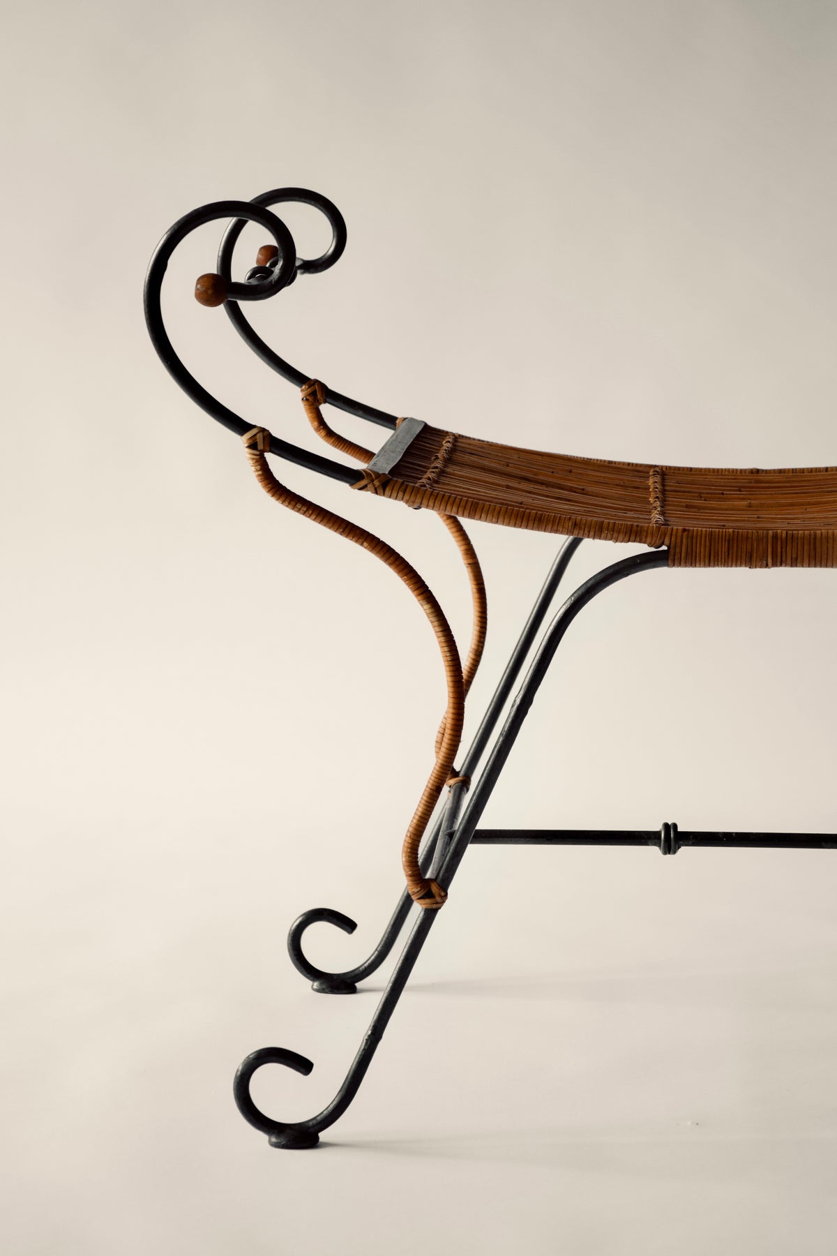 Large Italian Curule Stool in Lacquered Metal and Rattan, c.1970