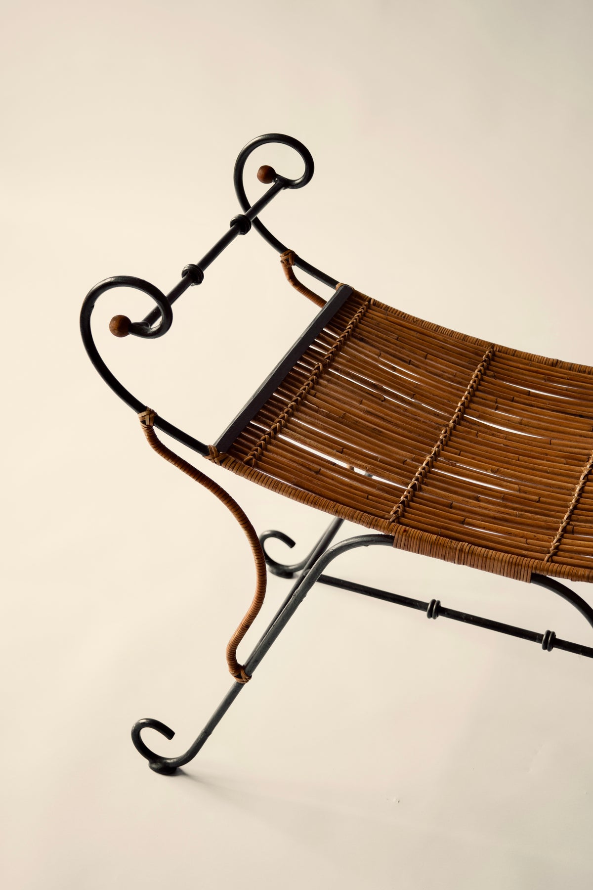 Large Italian Curule Stool in Lacquered Metal and Rattan, c.1970