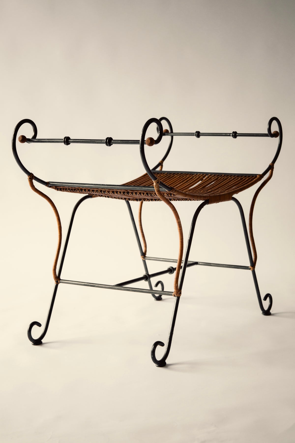 Large Italian Curule Stool in Lacquered Metal and Rattan, c.1970