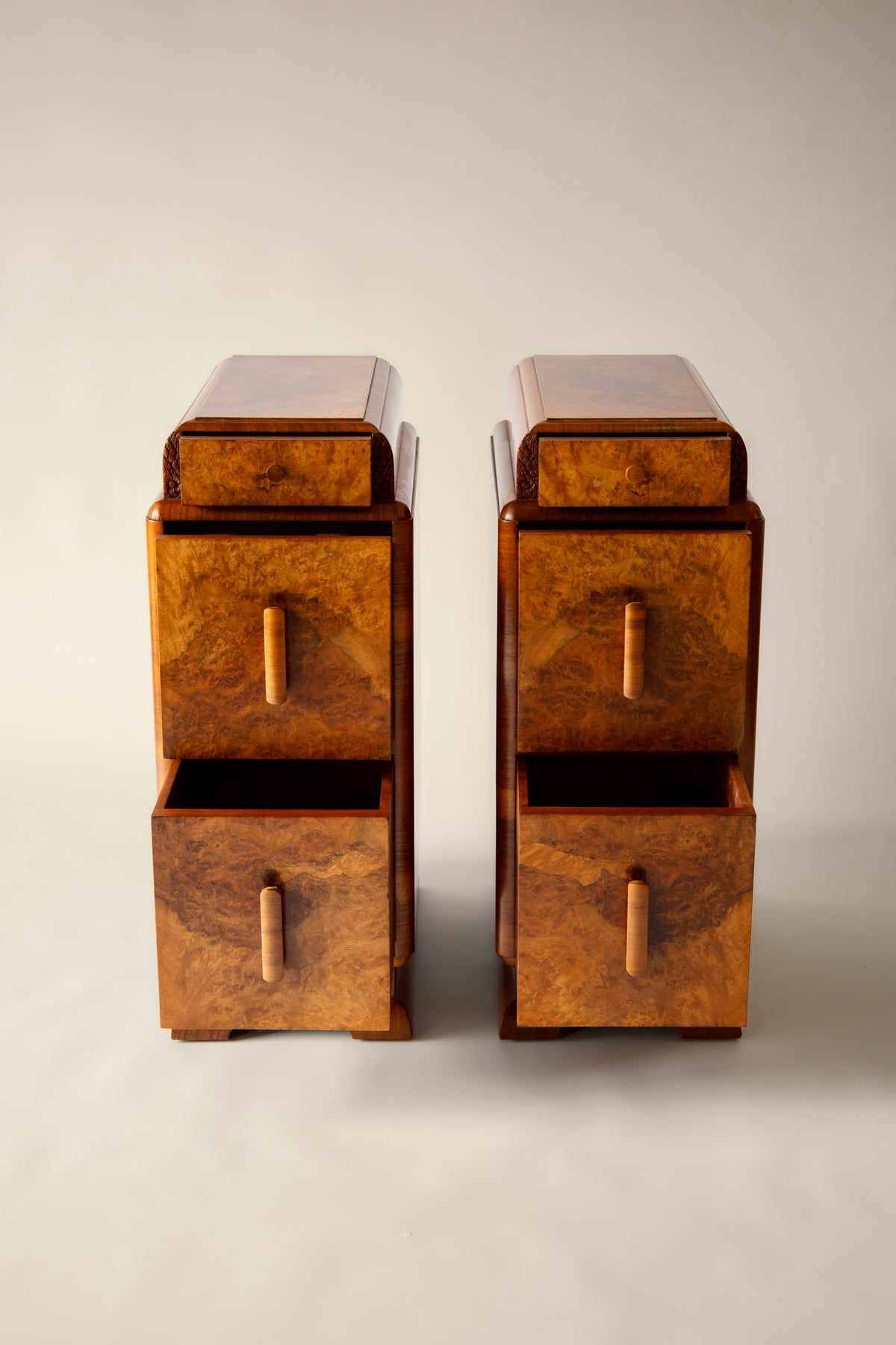 Pair of 1930s Art Deco Burr Walnut Bedside Cabinets