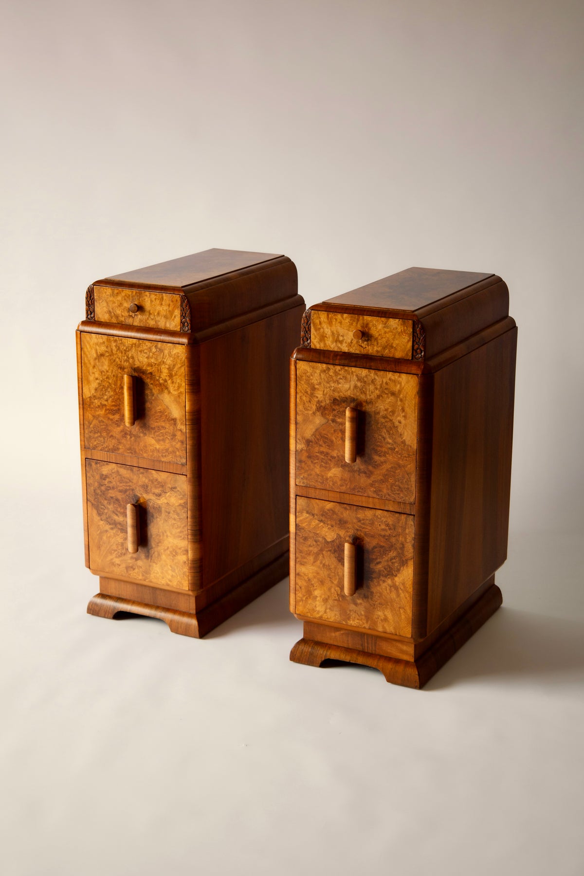 Pair of 1930s Art Deco Burr Walnut Bedside Cabinets