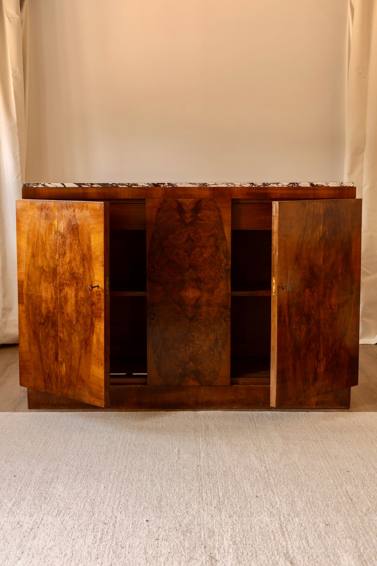 French Art Deco Walnut Sideboard with Marble Top