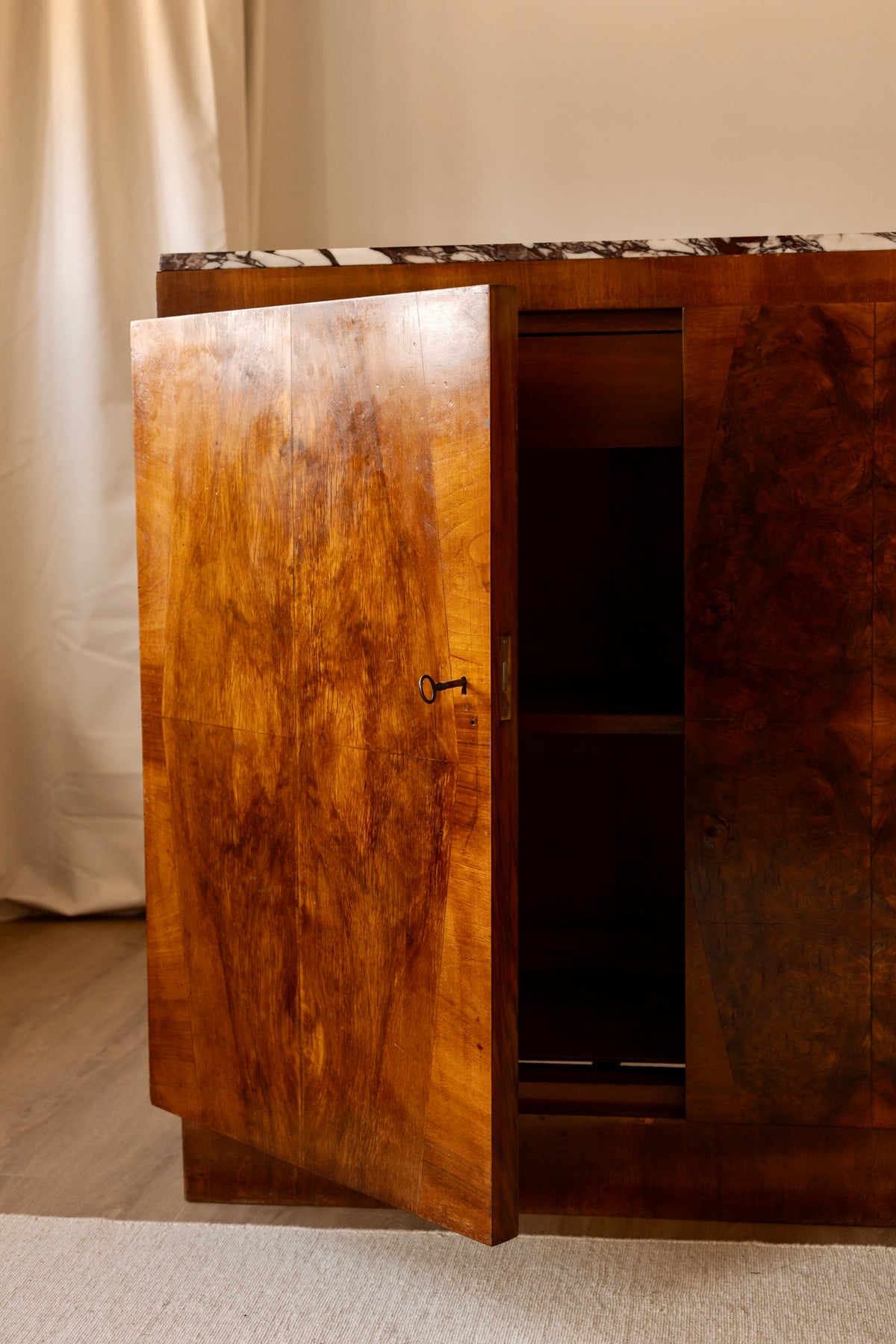French Art Deco Walnut Sideboard with Marble Top