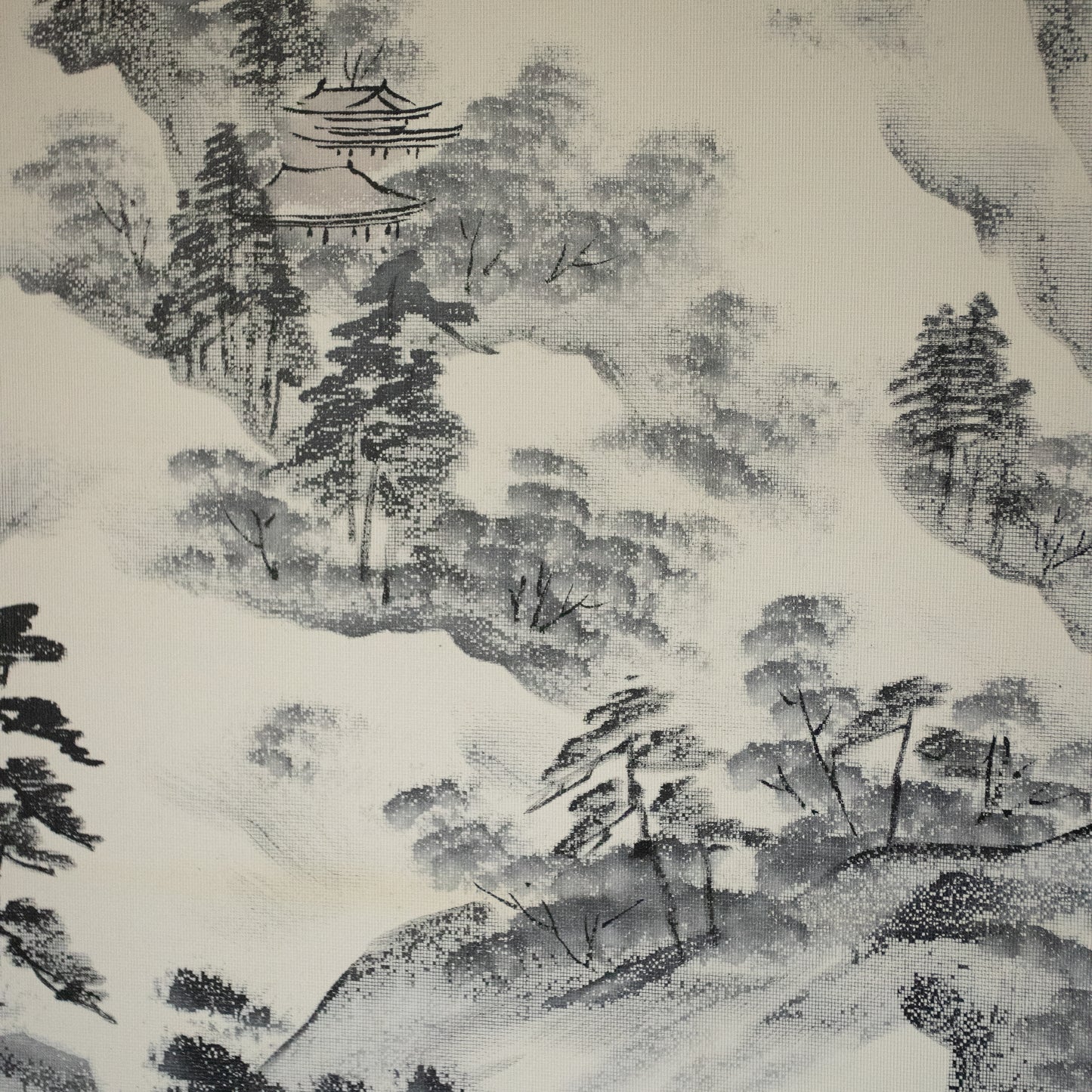 Decorative Japanese Six-Panel Folding Screen. Mountainous Scenes.