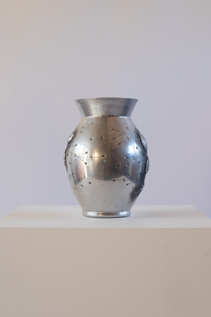 Pair of Signed Barte Étains Repoussé Floral Vases, France, c. 1920