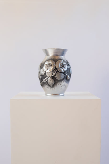 Pair of Signed Barte Étains Repoussé Floral Vases, France, c. 1920