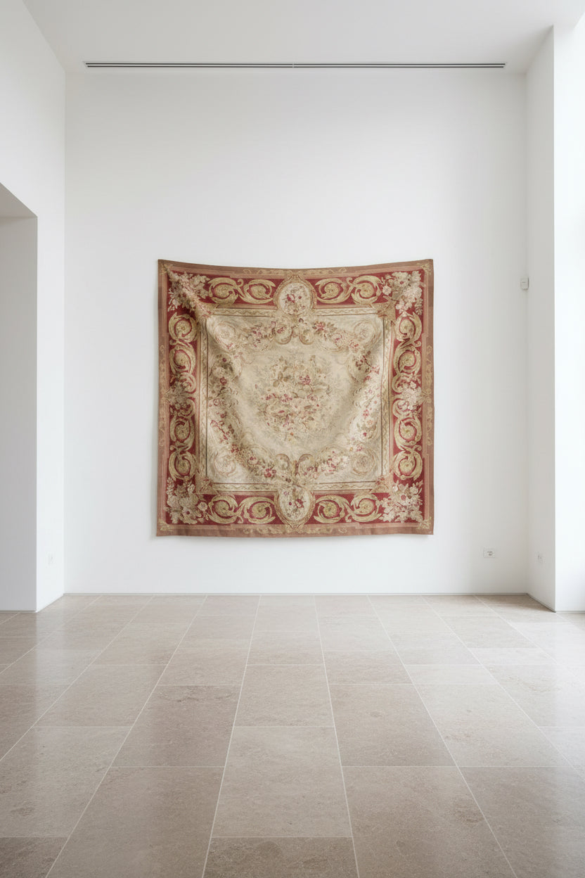 Decorative pink floral  Aubusson tapestry hanging on a white wall in a minimalistic room.
