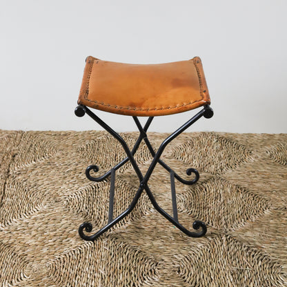 Vintage French Iron and Leather Stool