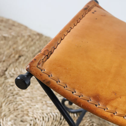 Vintage French Iron and Leather Stool