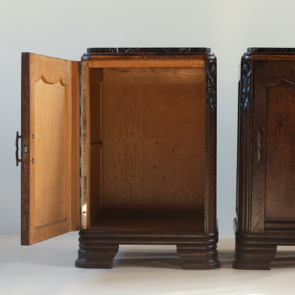 French Art Deco Oak and Marble Bedside cabinets (Pair)
