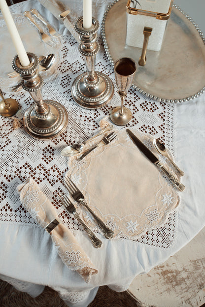 Vintage French Linen Tablecloth with Hand-Worked Filet Crochet Panels