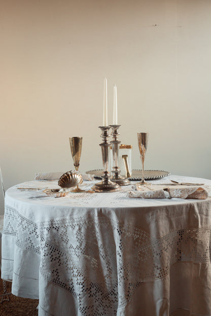 Vintage French Linen Tablecloth with Hand-Worked Filet Crochet Panels