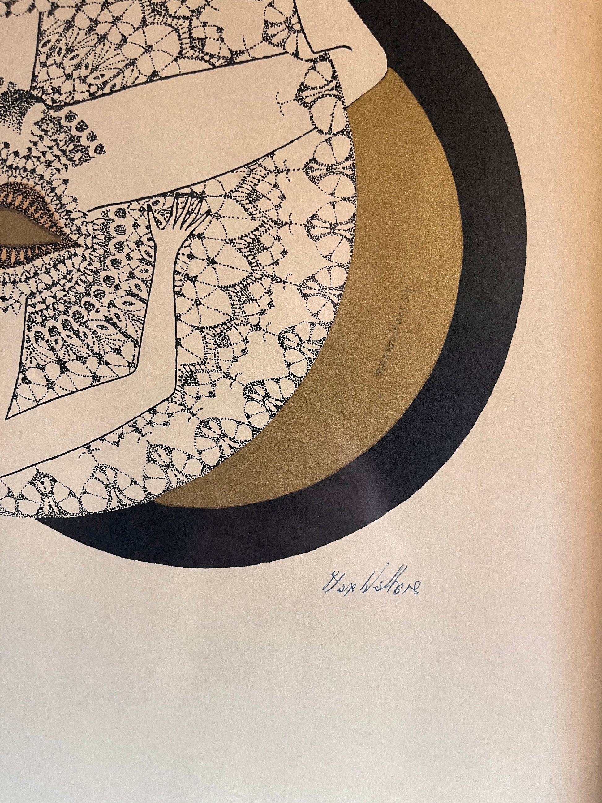 monotone and gold lithograph
