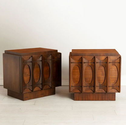 Pair of Brutalist walnut bedside cabinets by Tobago with sculptural relief panels